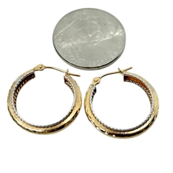 SOLID 14K YELLOW  & WHITE GOLD SMALL DIAMOND CUT HOOP EARRINGS~1.54 GRAMS - Picture 2 of 6
